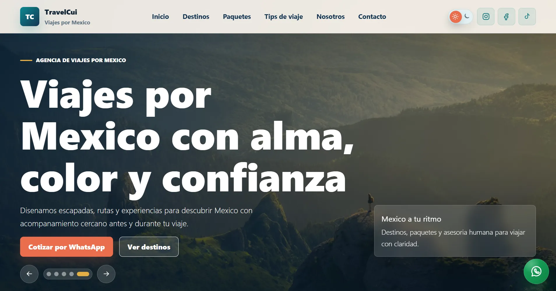 Landing page para agencia de viajes - Inicio desktop. Hero comercial con destino destacado y CTA principal.