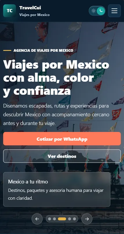 Landing page para agencia de viajes - Versión móvil. Vista mobile preparada para contacto rápido desde el teléfono.