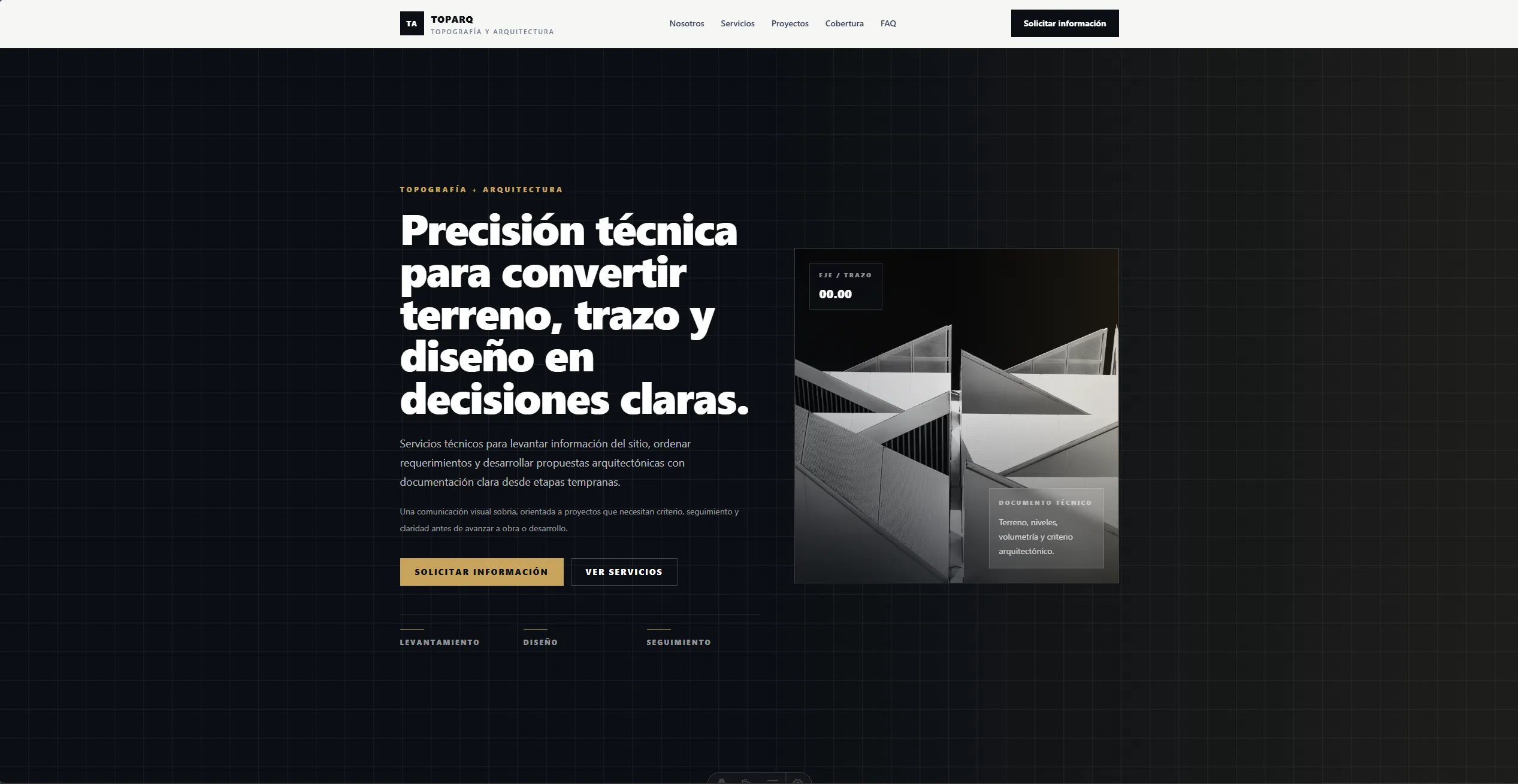 Landing page para topografía y arquitectura - Servicios. Presentación de capacidades técnicas con lectura escaneable.