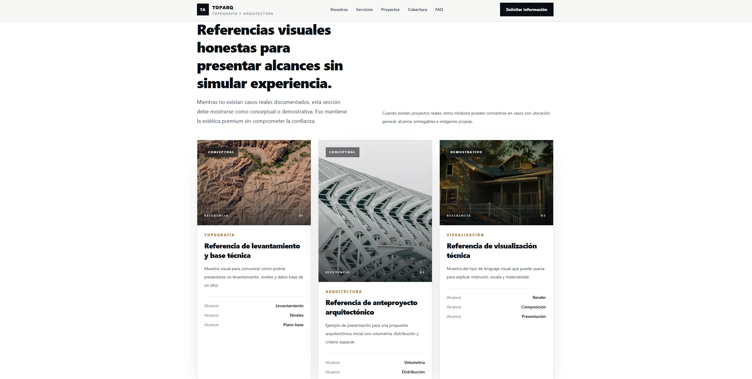 Landing page para topografía y arquitectura - Caso técnico. Sección preparada para mostrar proyectos, planos o levantamientos.