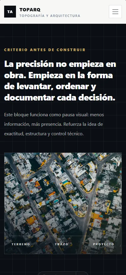 Landing page para topografía y arquitectura - Versión móvil. Estructura mobile orientada a consulta rápida de servicios.